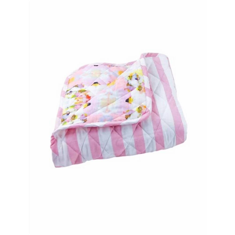 NEW LAURA PARK quilted baby blanket in garden pink with pink and white stripes r
